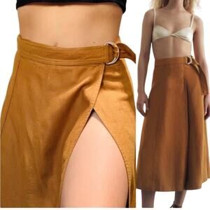 ZARA Caramel Wrap Skirt XS Linen Blend D-Ring Flare Tan Brown Pareo Style